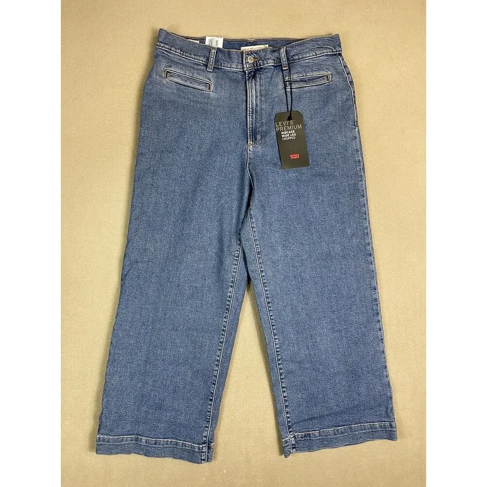 Levis Jeans Womens 32 Blue Premium‎ Ribcage Wide Leg Crop Denim Adult NWT